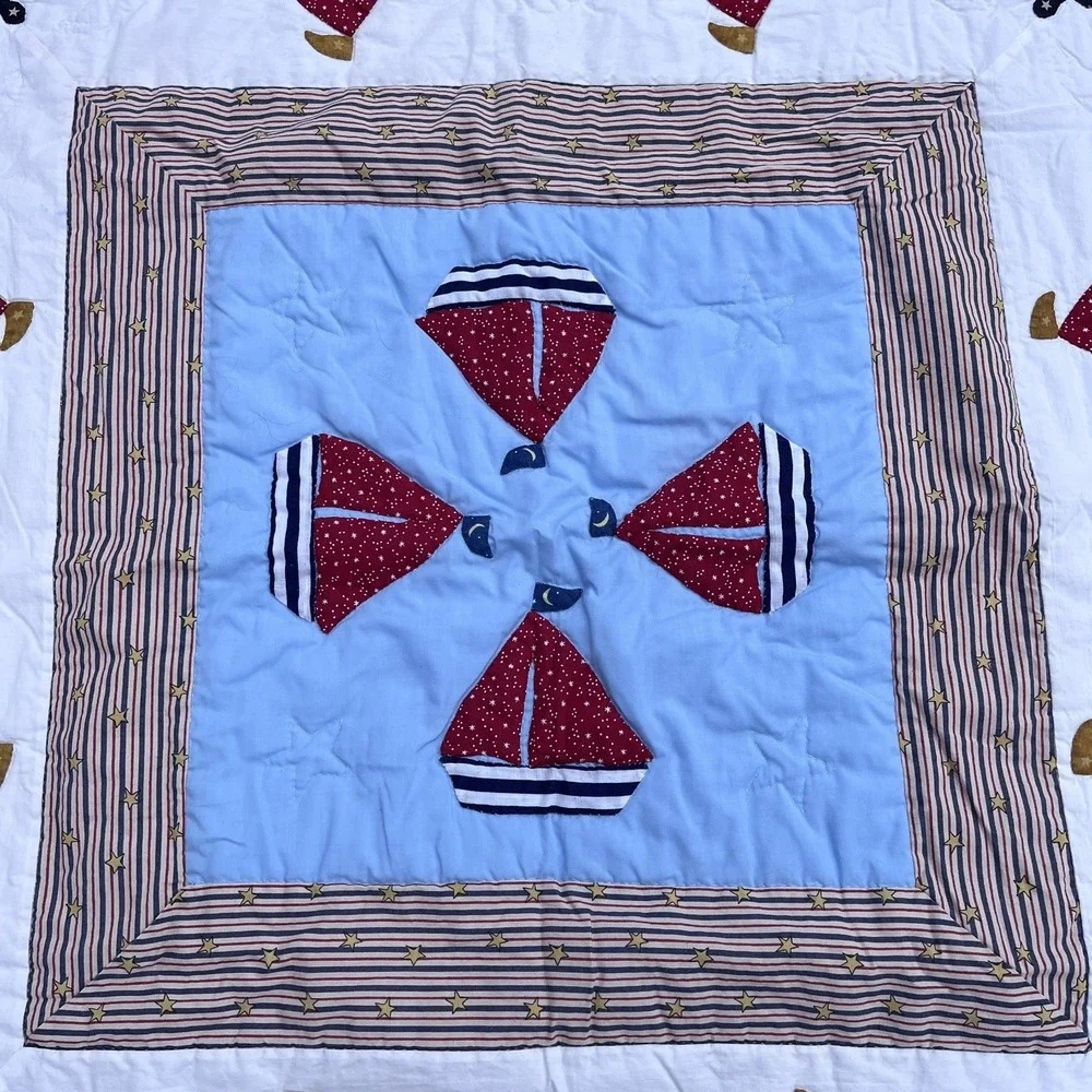 Handmade Sailboat Boys Crib Quilt, Red White Blue, Gorgeous One Of A Kind 38x38